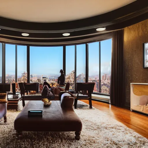 Prompt: cinematic film still of a fancy apartment living room with a stunning view 4k, fish-eye lens