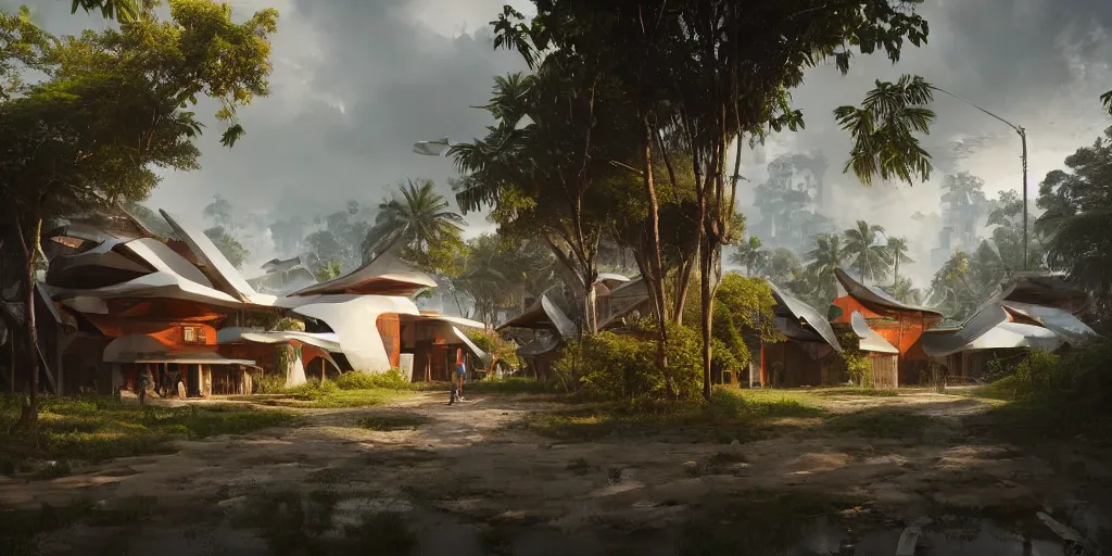 Image similar to kerala village, architecture by zaha hadid, sharp focus, wide shot, trending on artstation, masterpiece, by greg rutkowski, by ross tran, by fenghua zhong, octane, soft render, ultrarealistic, colorful, cinematic