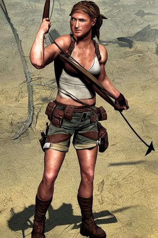 Image similar to muscular laura croft hold bow and arrow