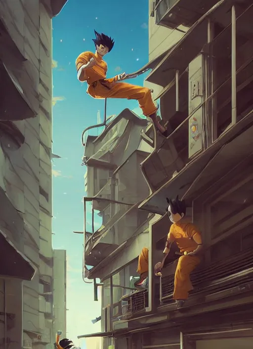 Image similar to highly detailed krillin standing outside building with a window with metal bars and naruto uzumaki with black hair behind them art by greg rutkowski, loish, rhads, ferdinand knab, makoto shinkai and lois van baarle, ilya kuvshinov, rossdraws, tom bagshaw, global illumination, radiant light, detailed and intricate environment