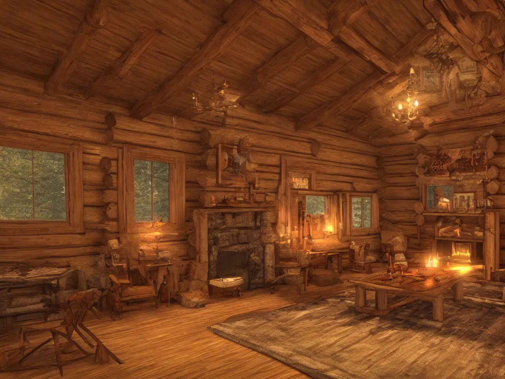 Log Cabin Interior On Stormy Night