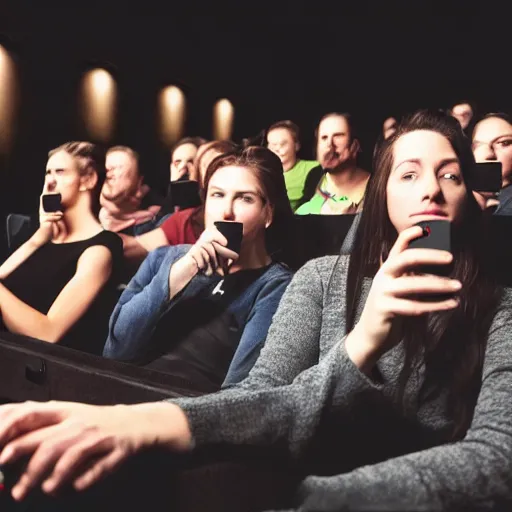 Prompt: people in a very dark full dark movie theatre playing on their cellphones