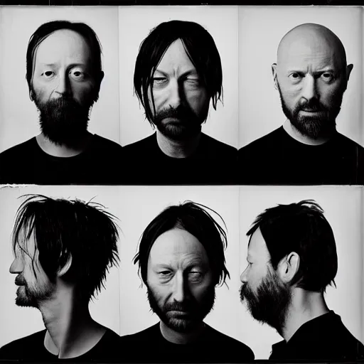 Prompt: Radiohead, Yorke, with a beard and a black shirt, a computer rendering by Martin Schoeller, cgsociety, de stijl, uhd image, tintype photograph, studio portrait, 1990s, calotype