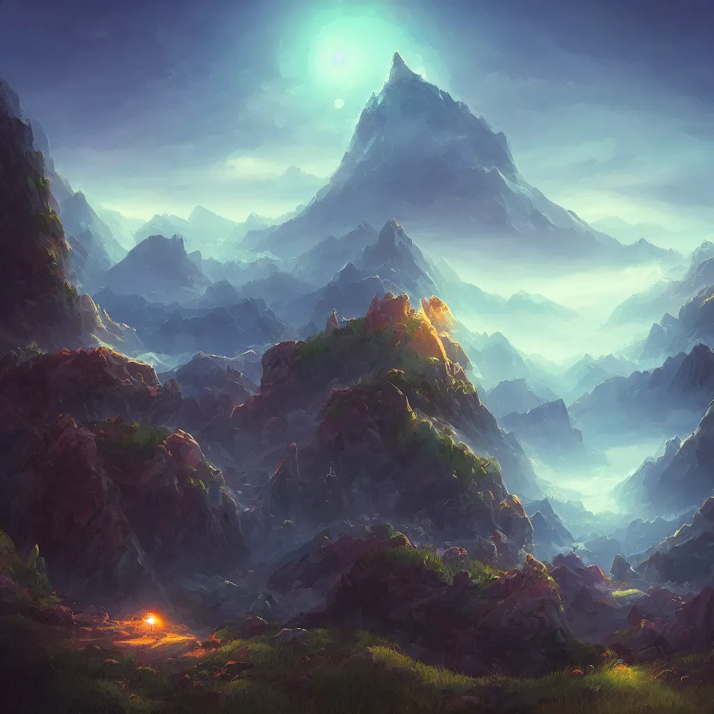 Prompt: a mountain range made out of gemstone, in the style of Jeremiah Morelli, landscape, beautiful, cinematic lighting