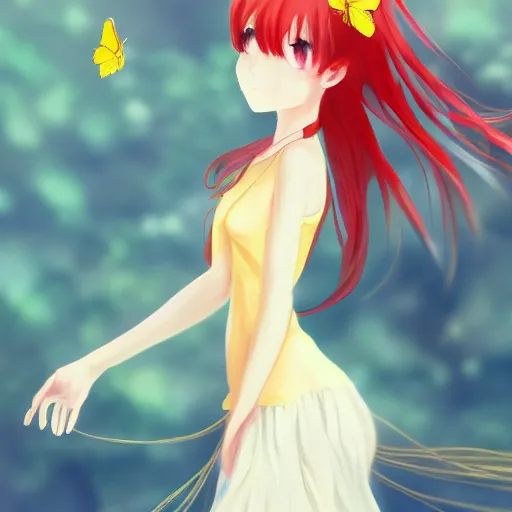 Prompt: a girl, white sundress, red hair, yellow butterflies, anime art, smooth, hd, pixiv, artstation