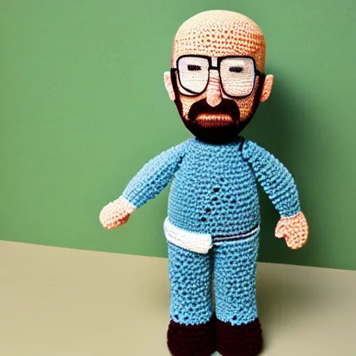 Image similar to walter white as a knitted crochet doll, 4 k, hyper realistic, dslr, high resolution, landscape, beautiful