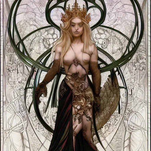 Image similar to portrait of the dragon queen by artgerm and H R Giger and alphonse mucha, Dragon in dragon lair, HD, full body dragon concept, flying dragon, Human body with dragon features, beautiful queen, perfect face, fantasy, intricate, elegant, highly detailed, digital painting, artstation, concept art, smooth, sharp focus, illustration, ray tracing, 4k realistic 3d rendered portrait, soft shading, soft colors, relaxed colors, hyperdetailed, wide angle lens, fantasy, futuristic horror, armor style of giger