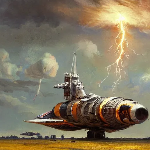Prompt: a russian spaceship stuck in the ground, the spaceship is on fire, smoke, rainstorm, lightning, angry, kinetic, john sargent, adolphe bouguereaum, norman rockwell, style by peter deligdisch, concept art by jama jurabaev, trending on artstation, highly detailed oil painting,