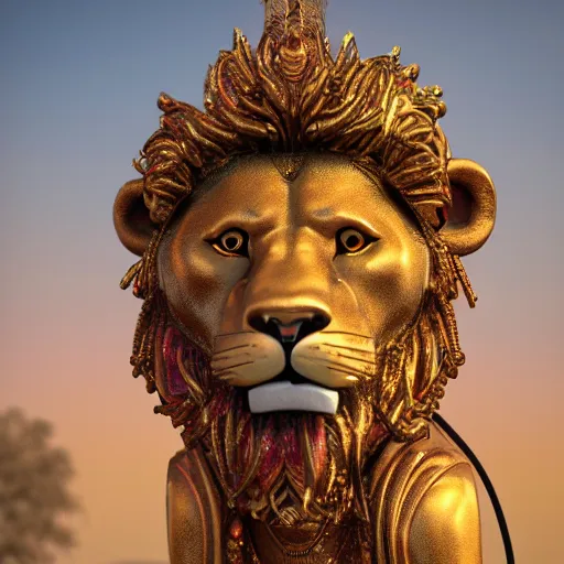 Image similar to anthropomorphic lion exquisite detail lion in hippie clothes, Streetwear, hippie fashion, sitting at the bus stop, trending on artstation, incredible detail, Graeme Base, 8k detail, gi, global illumination, physically based rendering, photoreal, small details, intricate complexity