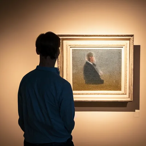 Image similar to Over the shoulder portrait of a middle-aged man staring at a painting in an art gallery. The painting he is looking at contains a person looking right back at him. Wide angle. Photorealistic. Dramatic lighting. Award winning photography. 35mm photograph.