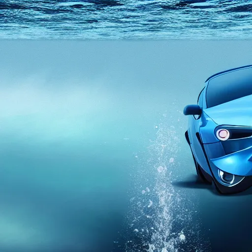 Image similar to hyperrealistic photo of a car underwater, 4 k, 8 k, thin film, full shot