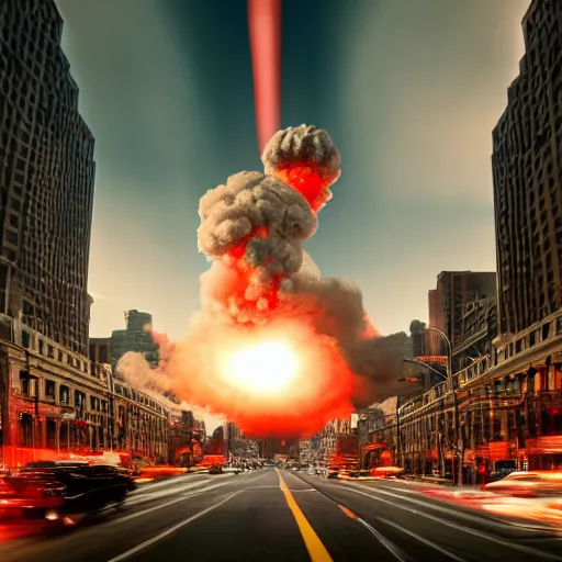 Prompt: centered action photography shot of extremely detailed hyper realistic nuclear bomb explosion in a city, professional film photography, 8 k, cinematic framing, cinematic lighting