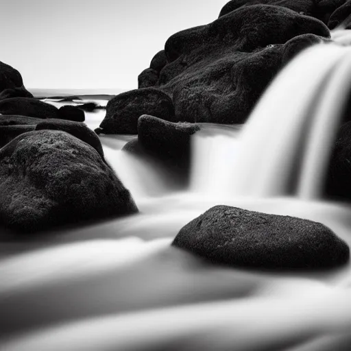 Image similar to minimalist black and white photograph of an icelandic gorge, time exposure, of a river, sharp tall pillars, sharp rocks,