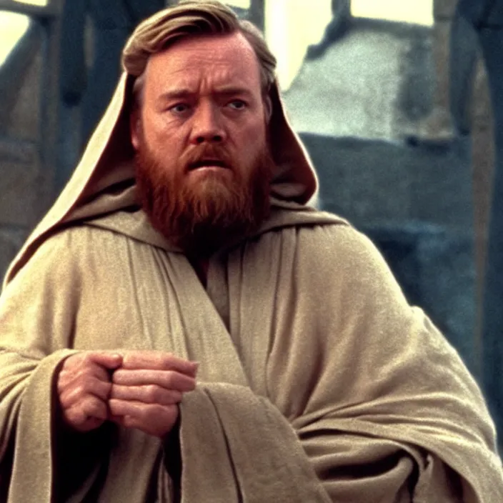 Image similar to obi wan kenobi but obese!! and overweight, photoralistic rendering, movie still, screenshot, hyperdetailed