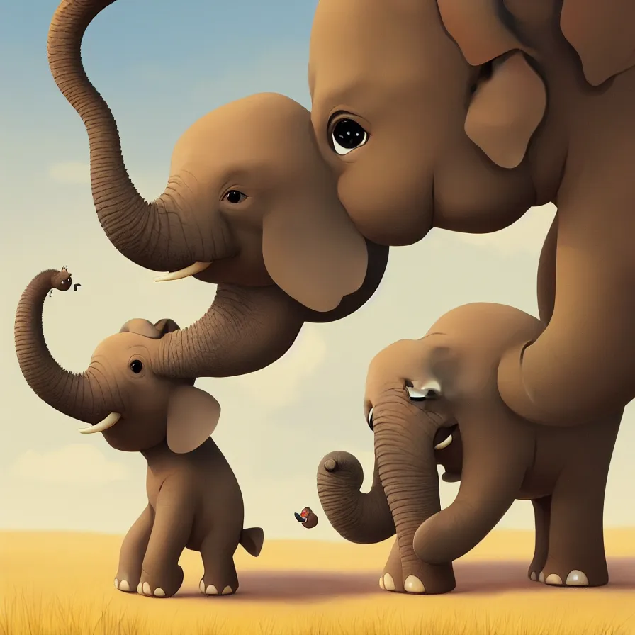 Prompt: Goro Fujita illustrating a baby elephant, with very large ears and 4 short legs walking on a flat background, art by Goro Fujita, sharp focus, highly detailed, ArtStation