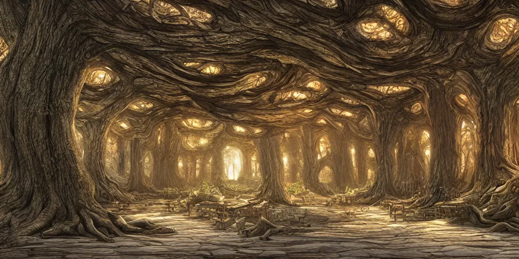 Prompt: endless library with a giant oak tree breaking through the roof, wide shot, fantasy, hyper detailed, HD