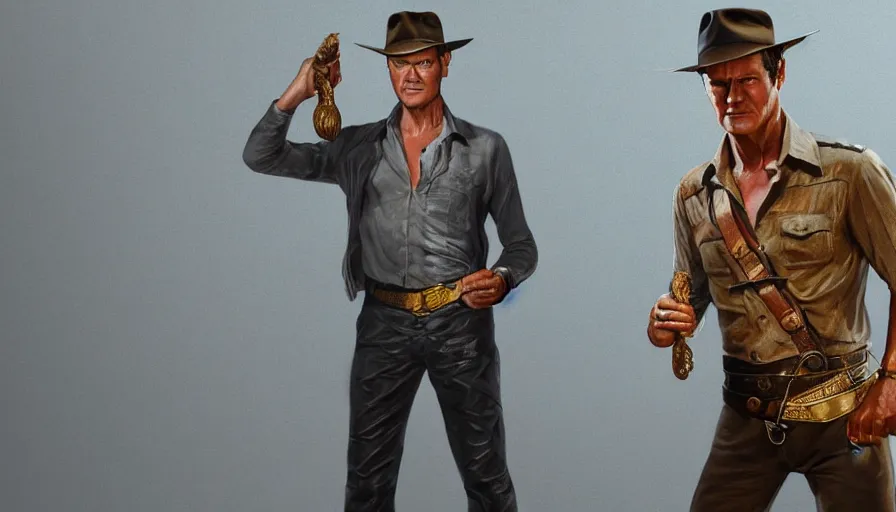 Prompt: young roger moore as indiana jones holding a whip in left hand and holding a golden mayan skull in the right hand, grey background, hyperdetailed, artstation, cgsociety, 8 k