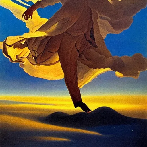 Prompt: A Sufi dancing above the clouds at golden hour, oil painting by Salvador Dali