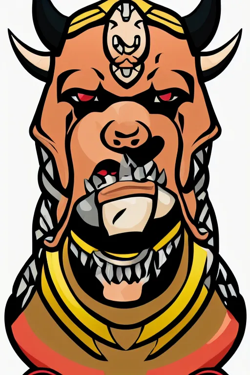 Image similar to A portrait of a bull as evil warlord general, sticker, Anthropomorphized, portrait, highly detailed, colorful, illustration, smooth and clean vector curves, no jagged lines, vector art, smooth