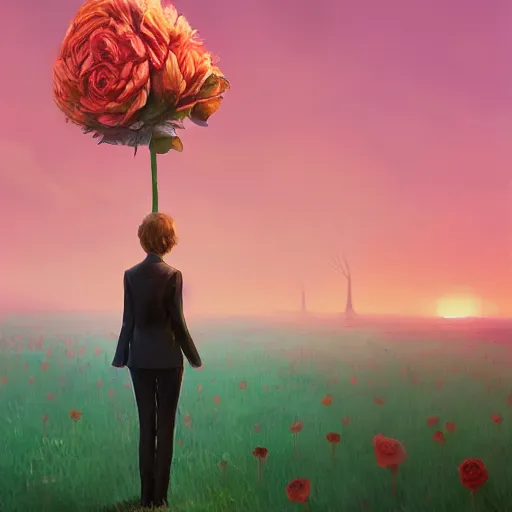 Image similar to portrait, giant rose flower head, girl in a suit, surreal photography, sunrise, blue sky, dramatic light, impressionist painting, digital painting, artstation, simon stalenhag