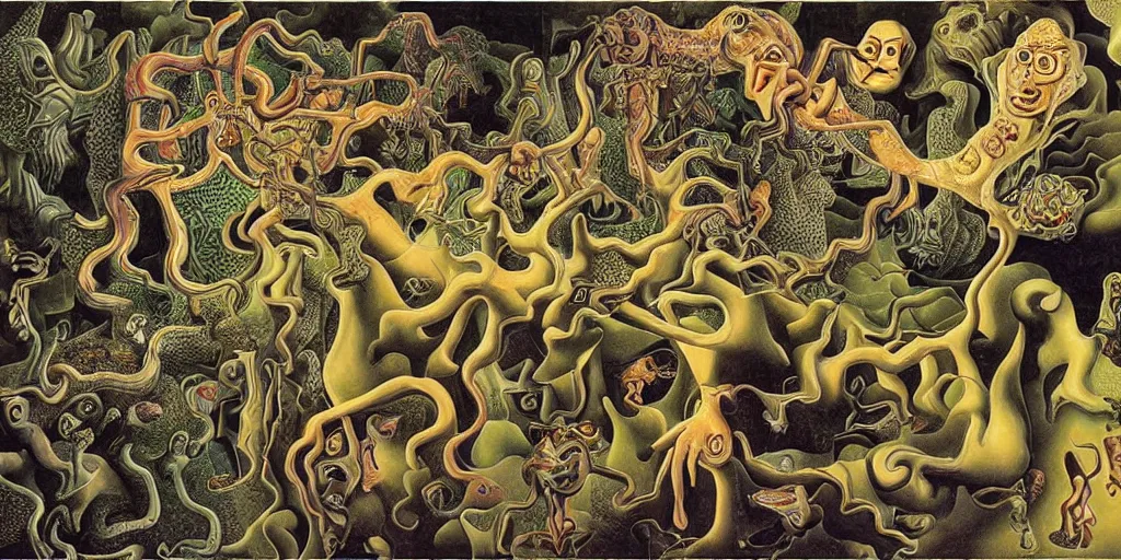 Image similar to basilisk, pain, pleasure, suffering, adventure, love, abstract oil painting by mc escher and salvador dali and raqib shaw