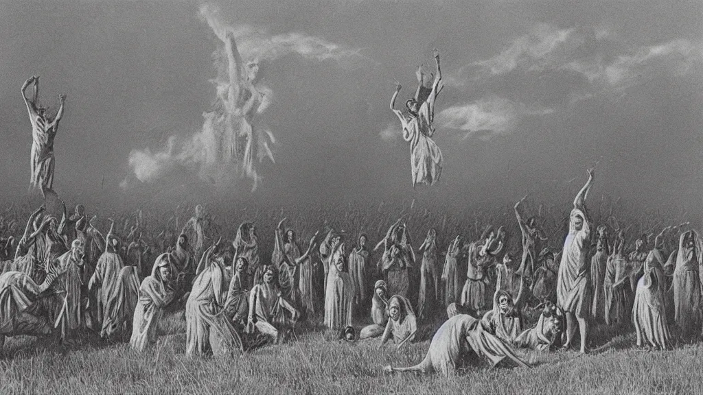 Image similar to A vintage scientific illustration from the 1970s of a Swedish cult performing a human sacrifice to the gods during the midsummer festival in Sweden in the summer on the meadows by Zdzisław Beksiński