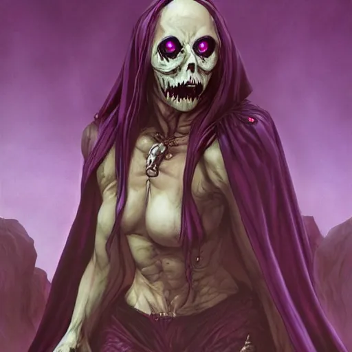 Prompt: cute undead purple cloaked female liches, grinning, from the second edition of hollow's guide to summoning undead, summoning undead friends, highly detailed, by brom, by larry elmore, artstation