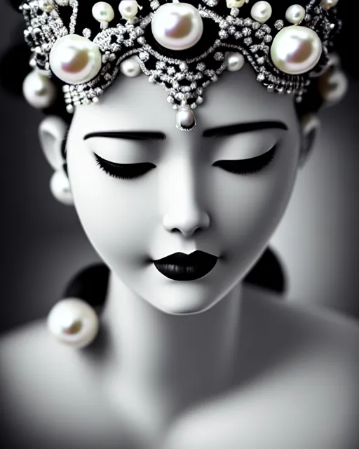 Image similar to black and white dreamy young beautiful crowned female artificial intelligence, crown is full of flowers and pearls, realistic pearl ornament in the face, long hair are intricate with highly detailed realistic pearls, cinematic, rim light, bokeh, photo - realistic, elegant, high detail, 8 k, masterpiece, photo taken in 1 9 3 0