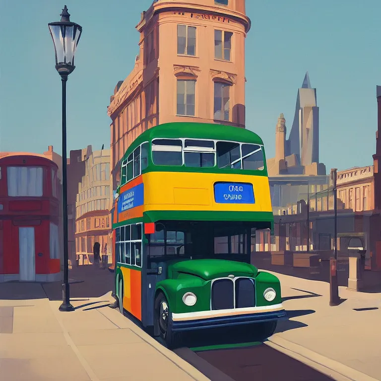 Prompt: London bus, painted by Edward Hopper, painted by James Gilleard, airbrush