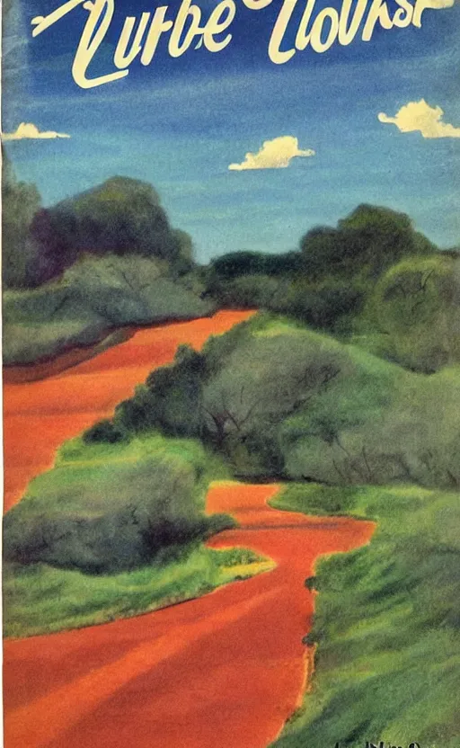 Image similar to paperback book cover. 1 9 5 0 s. pure colors, melting clouds, accurately drawn details, a sunburst above a receding road with the light reflected in furrows and ruts, after rain. and no girls.