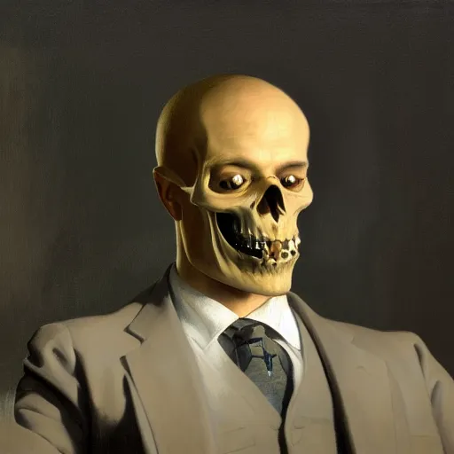 Prompt: a portrait painting of a man in a suit with a skull as his head smoking a cigarette, head is surrounded by clouds, in the style of Edward Hopper and William Adolphe Bouguereau, 4k,