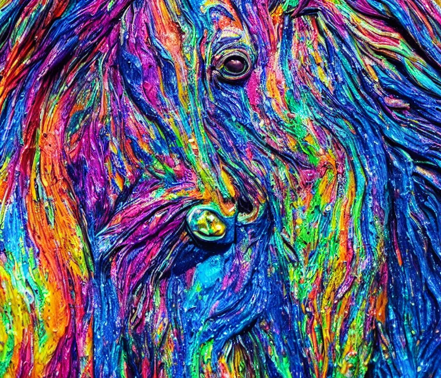 Image similar to still shot close up footage of the portrait of a horse head made of acrylic pour and coloured powder explosion and splashing paint and dripping paint and flying paint chunks, motion blur, hyperrealistic, medical, intricate art photography, anatomically correct, realistic crisp textures, 1 6 k