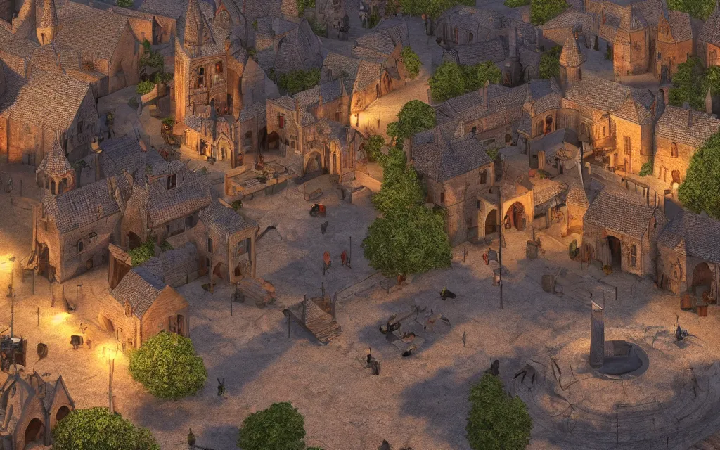 Prompt: the square of a medieval english village with a well in the center, arches, orange light, highly detailed, cinematic lighting, render, fantasy