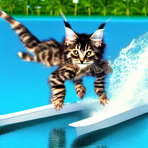 Image similar to Anthromorphic Maine coon kitten is Water skiing and doing trick poses, action shot. At south beach FL. 3D render but digital art, by Lenoid afremov