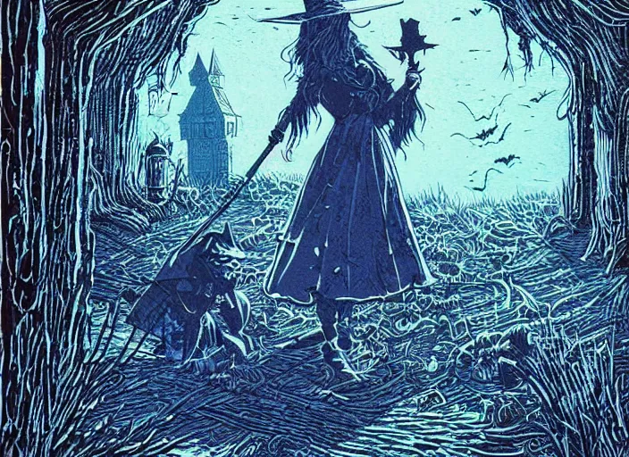 Image similar to blue woodcut print, cartoon halloween witch in graveyard at midnight by greg rutkowski, fine details, highly detailed