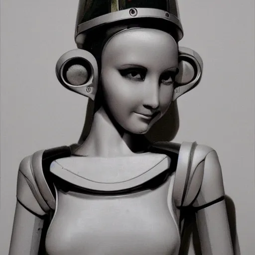 Image similar to cute young woman with robot ears and eyes, 4k, sharp focus, René Laloux