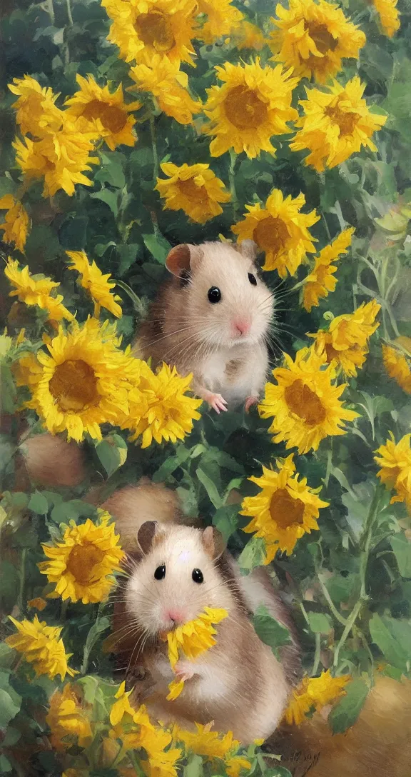 Image similar to a highly detailed beautiful portrait of a cute little hamster surrounded by beautiful lemons and sunflowers, by gregory manchess, james gurney, james jean