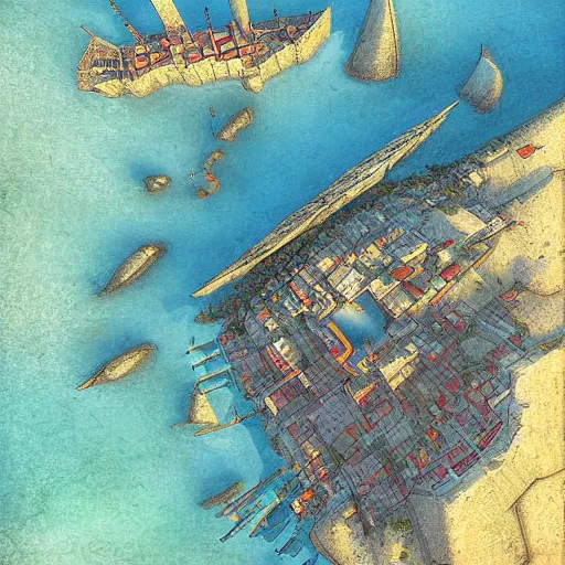 Image similar to Digital art of a large medieval coastal capital, bird's eye view drone Marc Simonetti
