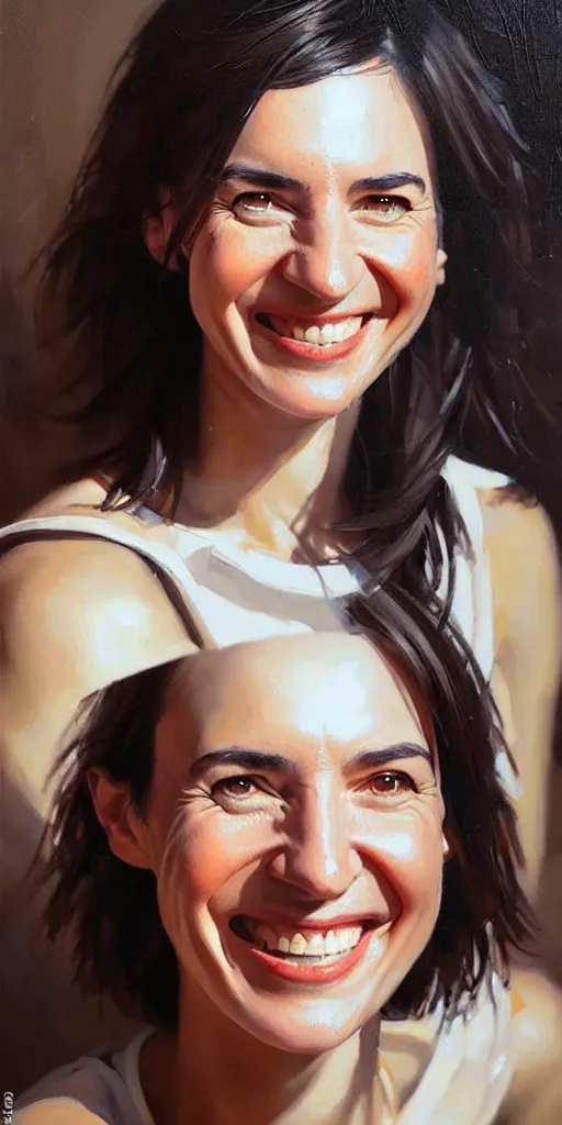 Image similar to maia sandu smiling painting by james gurney greg rutkowski photo by angelique boissiere art streiber, photorealistic, hyperdetailed