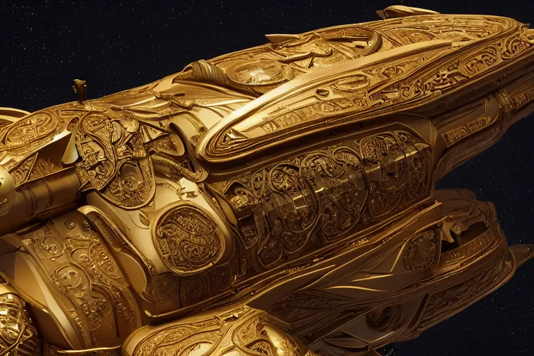 Image similar to an intricately ornate starship in space, made of ivory and gold with detailed filigree, trending on ArtStation, very detailed, octane render, Greg Rutgowski, Jodorwoski's Dune, David Lynch, postmodernist baroque industrial design, 4K, French Nouveau, atmospheric