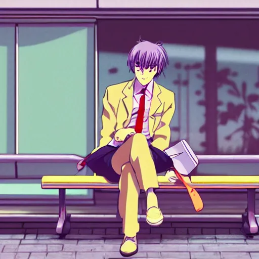 Prompt: salary man sitting on a bench in an airport, vaporwave nostalgia, commodore 6 4, visual novel cg, 8 0 s anime vibe, kimagure orange road, maison ikkoku, trending on artstation