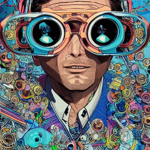 Prompt: hyper detailed comic illustration of a cyberpunk Tanjiro Kamado wearing a futuristic sunglasses and a gorpcore jacket, markings on his face, by Josan Gonzalez and Geof Darrow, intricate details, vibrant, solid background, low angle fish eye lens