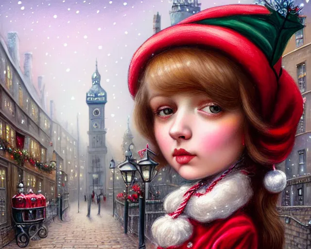 Image similar to closeup profile portrait of victorian london streets, nicoletta ceccoli, mark ryden, lostfish, max fleischer, hyper realistic, artstation, illustration, digital paint, matte paint, vivid colors, bright, cheerful, detailed and intricate christmas environment