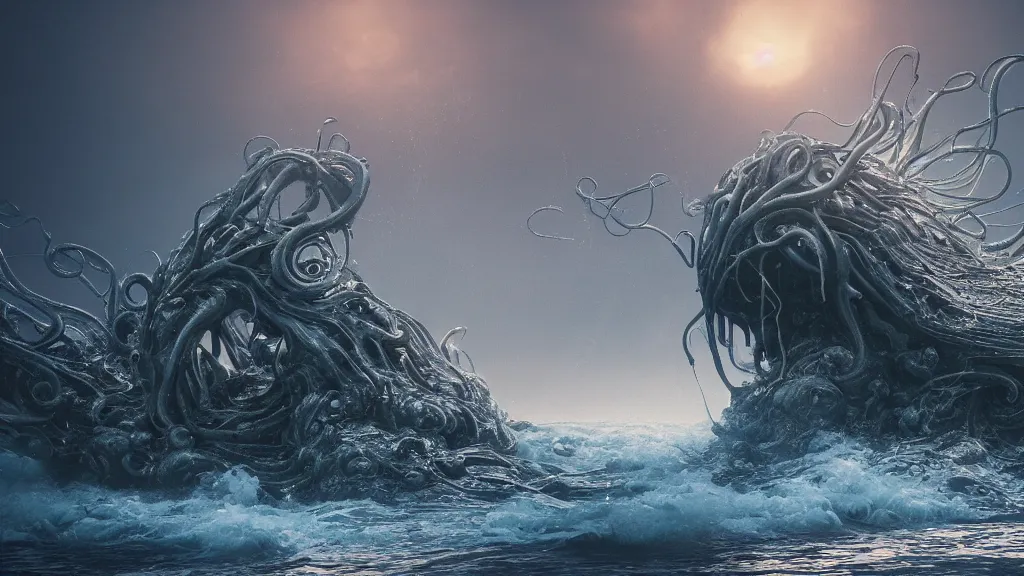 Image similar to a huge tentacled monster of the deep emerges out of the crashing waves to attack a small fishing boat, horror, trending on artstation, rendered in octane, global illumination