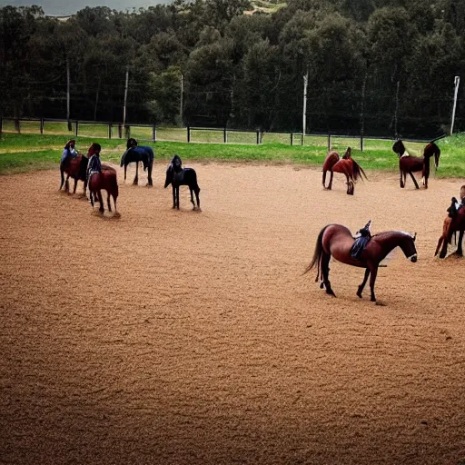 Prompt: photo of an secret horse fighting ring