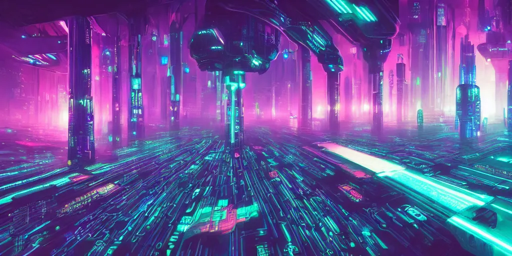 Image similar to a landscape view of a cybernetic cathedral overlooking an higway made of rows of glowing codes and symbols, energy surges, cyberpunk, beautiful detailed, cinematic, strong lighting, hi - fructose art magazine, photorealistic, 8 k, gradient cyan to purple, by paul lehr and david heskin