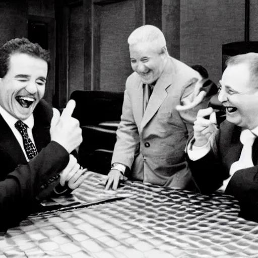 Prompt: black and white photo of world leaders around a table pointing and laughing at a holographic virus