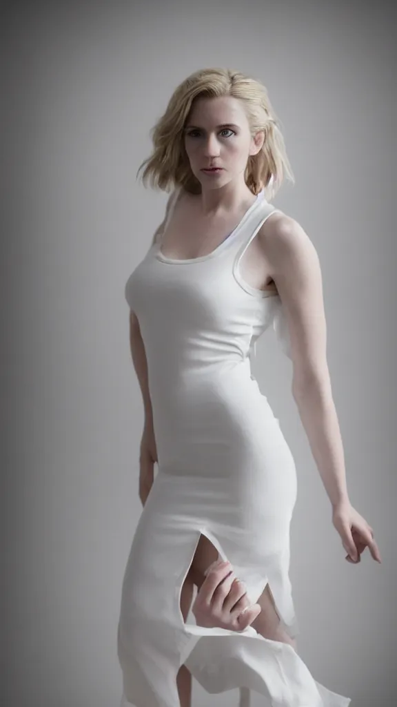 Prompt: emily skinner cosplaying annie leonhart wearing open toe heels and wearing a white dress in a white room looking up, beautiful face, pale skin, rule of thirds, cinematic lighting, rainy weather, melancholy atmosphere, sharp focus, backlit, stunning, smooth, hard focus, full body shot, studio photo, shot on sony a 7 iii, hyper realistic, sexy pose