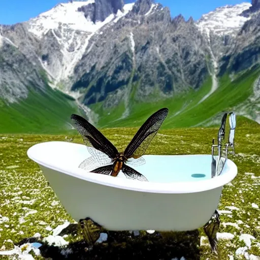 Image similar to dragonfly in a bathtub in the alps, goats!!!!!!!! in background