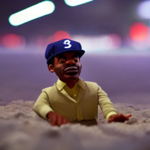 Image similar to a cinematic film still of a claymation stop motion film starring chance the rapper as a college student, shallow depth of field, 8 0 mm, f 1. 8